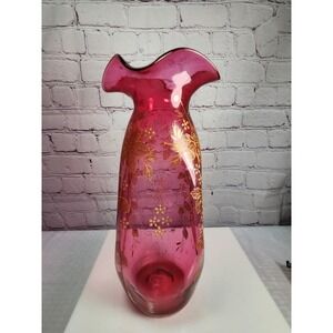 Antique MOSER Cranberry Vase w/Gold and Enamel Ornate Hand-Painted Ruffled Top